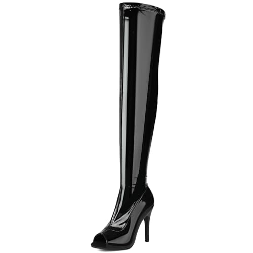 MJIASIAWA Damen Sommer Peep Toe Overknees Stiletto Stretch Stiefel Prom Party Hochzeit Elegant Lang Oberschenkelhohe Stiefel Schwarz/9Cm Gr 46 EU/48 Asiatisch von MJIASIAWA