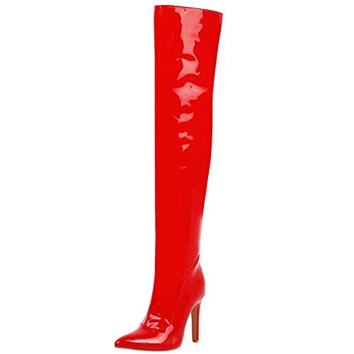 MJIASIAWA Damen Spitzzehe Overknees Stretch Stiefel Party Stiletto Höhe Ferse Winter Elegant Wildleder Thigh Booty Lack Rot Gr 45 EU/47 Asiatisch von MJIASIAWA