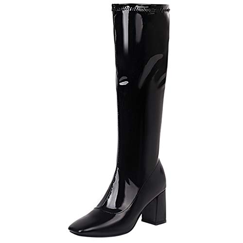 MJIASIAWA Damen Square Toe Abend Knee Stretch Reitstiefel Blockabsatz Elegant Party Kleid Lack Boots Mode Schwarz Gr 41 EU/43 Asiatisch von MJIASIAWA