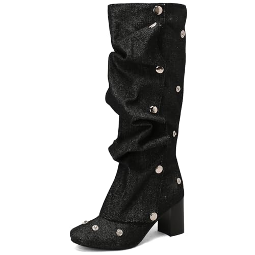 MJIASIAWA Damen Square Toe Button Knee Slouch Stiefel Damen Denim Blockabsatz Equestrian Riding Ruched Boots Mode Schwarz-Denim Gr 38 EU/39 Asiatisch von MJIASIAWA