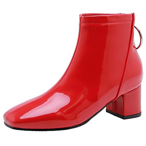 MJIASIAWA Damen Square Toe Chelsea Blockabsatz Lack Stiefeletten Winter Hochzeit Party Warm Weit Fit Kleid Stiefeletten Reißverschluss Rot Gr 45 EU/47 Asiatisch von MJIASIAWA
