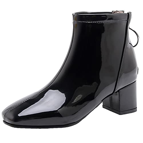 MJIASIAWA Damen Square Toe Chelsea Blockabsatz Lack Stiefeletten Winter Hochzeit Party Warm Weit Fit Kleid Stiefeletten Reißverschluss Schwarz Gr 50 EU/52 Asiatisch von MJIASIAWA