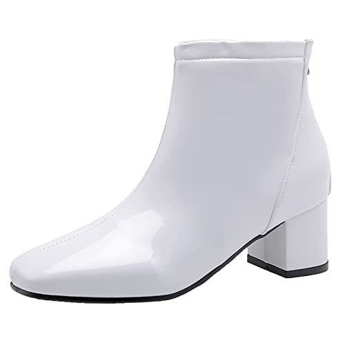 MJIASIAWA Damen Square Toe Chelsea Blockabsatz Lack Stiefeletten Winter Hochzeit Party Warm Weit Fit Kleid Stiefeletten Reißverschluss Weiß Gr 38 EU/39 Asiatisch von MJIASIAWA