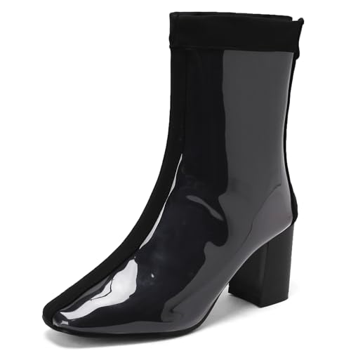 MJIASIAWA Damen Square Toe Chelsea Lack Halbschaft Stiefeletten Damen Party Schuhe Winter Blockabsatz Reißverschluss Mode Stiefeletten Hochzeit Schwarz Gr 44 EU/46 Asiatisch von MJIASIAWA
