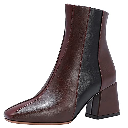 MJIASIAWA Damen Square Toe Klassischer Blockabsatz Reißverschluss Chelsea Stiefel Buro Formal Kleid Arbeit Comfy Warm Winter Stiefeletten Braun Gr 39 EU/40 Asiatisch von MJIASIAWA