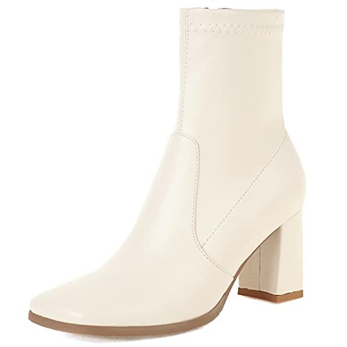 MJIASIAWA Damen Square Toe Kleid Blockabsatz Comfy Stretch Chelsea Stiefel Weit Fit Buro Hochzeit Mode Ankle Stiefeletten Reißverschluss Beige Gr 38 EU/39 Asiatisch von MJIASIAWA