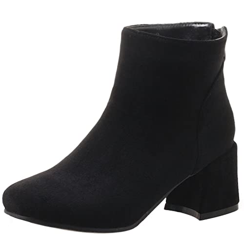 MJIASIAWA Damen Square Toe Komfort Chelsea Stiefel Blockabsatz Weit Fit Winter Warm Arbeit Schuhe Leisure Stiefeletten Reißverschluss Schwarz Gr 49 EU/51 Asiatisch von MJIASIAWA
