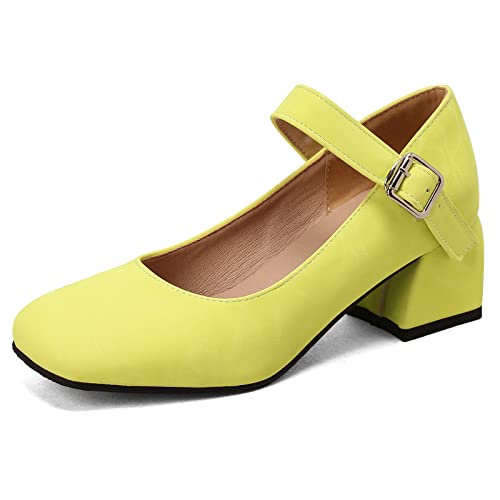 MJIASIAWA Damen Square Toe Komfort Knöchelriemchen Mary Jane Pumps Blockabsatz Mode Block Mitte Absatz Hochzeit Weit Fit Kleid Schuhe Gelb Gr 38 EU/39 Asiatisch von MJIASIAWA