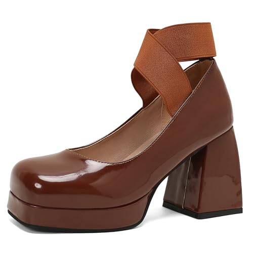 MJIASIAWA Damen Square Toe Mary Jane Chunky Heel Slingback Schuhe Plateau Knöchelriemchen Sommer Party Pumps Lack Braun Gr 38 EU/39 Asiatisch von MJIASIAWA