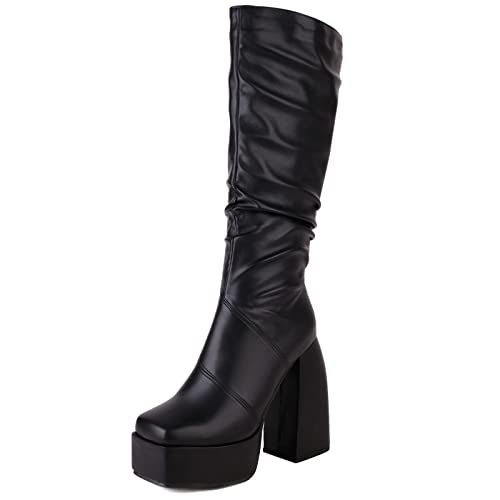MJIASIAWA Damen Square Toe Mode Chunky Heel Plateau Slouch Kniestiefel Winter Warm Höhe Ferse Reitstiefel Schwarz-Pu Gr 39 EU/40 Asiatisch von MJIASIAWA