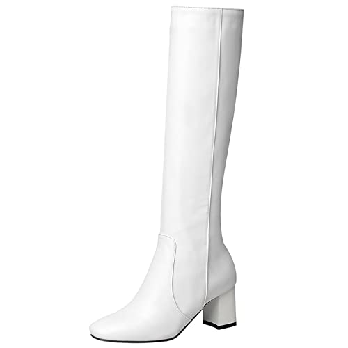 MJIASIAWA Damen Square Toe Mode Equestrian Kniestiefel Hochzeit Elegant Blockabsatz Kleid Reitstiefel Seitenreißverschluss Weiß Gr 40 EU/41 Asiatisch von MJIASIAWA