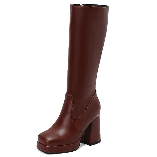 MJIASIAWA Damen Square Toe Mode Knee Riding Motorradstiefel Winter Warm Blockabsatz Party Equestrian Military Plateau Schuhe Braun Gr 40 EU/41 Asiatisch von MJIASIAWA