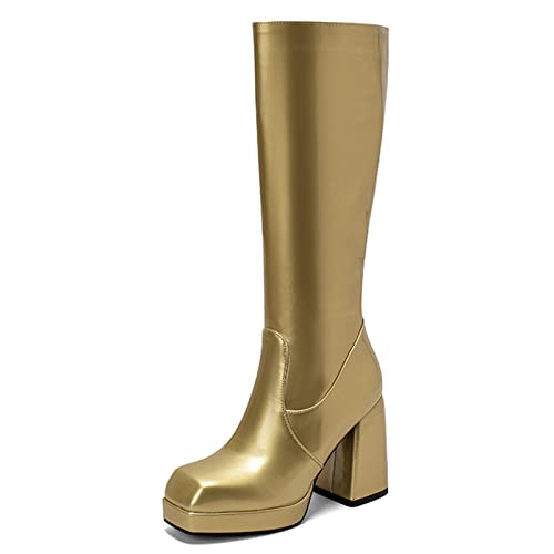 MJIASIAWA Damen Square Toe Mode Knee Riding Motorradstiefel Winter Warm Blockabsatz Party Equestrian Military Plateau Schuhe Gold Gr 36 Eu von MJIASIAWA