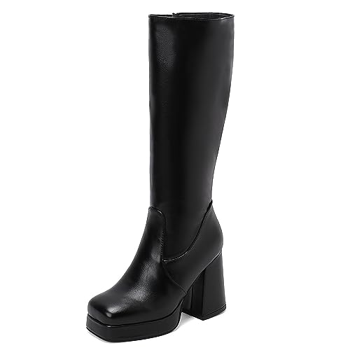 MJIASIAWA Damen Square Toe Mode Knee Riding Motorradstiefel Winter Warm Blockabsatz Party Equestrian Military Plateau Schuhe Schwarz Gr 46 EU/48 Asiatisch von MJIASIAWA