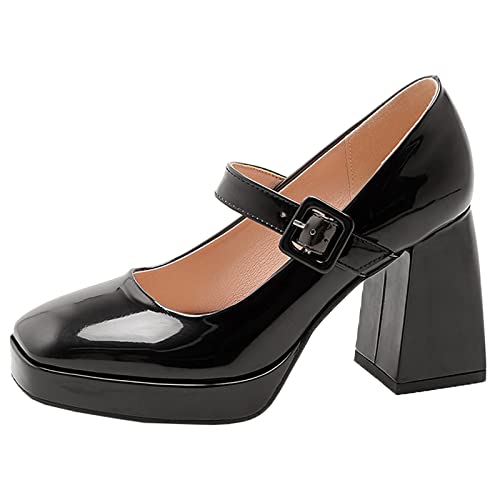 MJIASIAWA Damen Square Toe Mode Knöchelriemchen Lack Schuhe Party Chunky Hohen Blockabsatz Elegant Mary Jane Plateau Pumps Schwarz Gr 41 EU/43 Asiatisch von MJIASIAWA