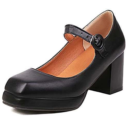 MJIASIAWA Damen Square Toe Mode Knöchelriemchen Mary Jane Pumps Party Schnalle Hohen Blockabsatz Plateau Chunky Prom Schuhe Schwarz Gr 46 EU/48 Asiatisch von MJIASIAWA