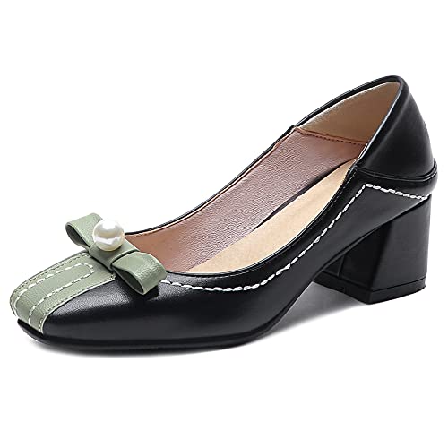 MJIASIAWA Damen Square Toe Mode Ohne Verschluss Blockabsatz Pumps Bows Mary Jane Klassischer Mitte Absatz Comfy Brautschuhe Schwarz Gr 40 EU/41 Asiatisch von MJIASIAWA