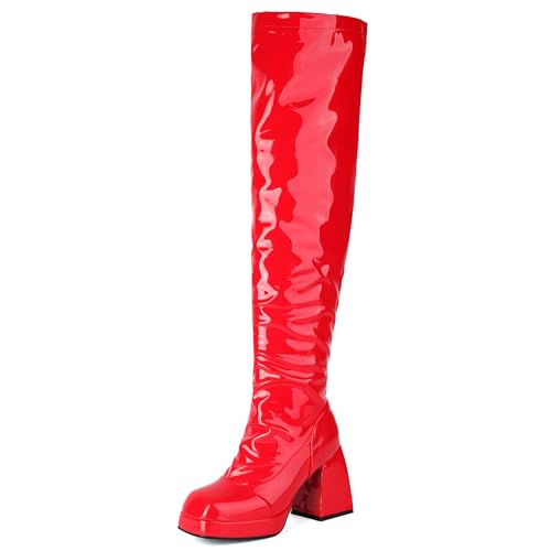 MJIASIAWA Damen Square Toe Mode Overknees Lang Boots Lack Chunky Heel Plateau Winter Elegant Party Oberschenkelhohe Stiefel Rot Gr 46 EU/48 Asiatisch von MJIASIAWA