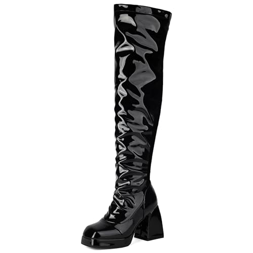 MJIASIAWA Damen Square Toe Mode Overknees Lang Boots Lack Chunky Heel Plateau Winter Elegant Party Oberschenkelhohe Stiefel Schwarz Gr 46 EU/48 Asiatisch von MJIASIAWA