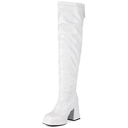 MJIASIAWA Damen Square Toe Mode Overknees Lang Boots Lack Chunky Heel Plateau Winter Elegant Party Oberschenkelhohe Stiefel Weiß Gr 42 EU/44 Asiatisch von MJIASIAWA