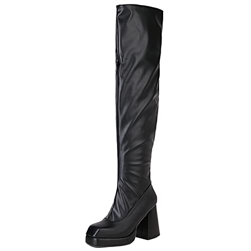 MJIASIAWA Damen Square Toe Mode Thigh Stretch Plateau Reitstiefel Reißverschluss Oberschenkel Chunky Höhe Ferse Prom Boots Schwarz Gr 39 EU/40 Asiatisch von MJIASIAWA