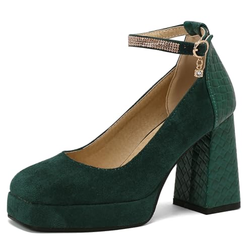 MJIASIAWA Damen Square Toe Plateau Chunky Heel Pumps Weit Fit Party Mode Knöchelriemchen Höhe Ferse Sommer Kleid Schuhe Grün Gr 39 EU/40 Asiatisch von MJIASIAWA