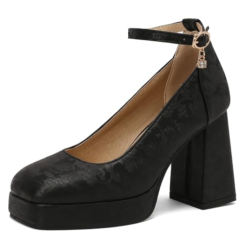 MJIASIAWA Damen Square Toe Plateau Chunky Heel Pumps Weit Fit Party Mode Knöchelriemchen Höhe Ferse Sommer Kleid Schuhe Schwarz Gr 48 EU/50 Asiatisch von MJIASIAWA