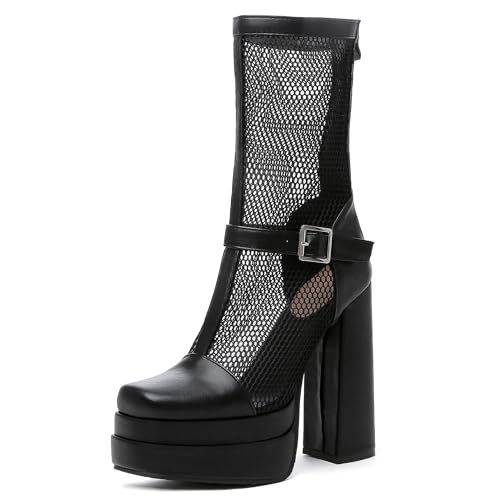 MJIASIAWA Damen Square Toe Sommer Mode Reitstiefel Plateau Halbschaft Elegant Party Blockabsatz Knee High Booty Zip Schwarz Gr 41 EU/43 Asiatisch von MJIASIAWA
