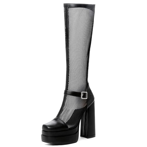 MJIASIAWA Damen Square Toe Sommer Mode Reitstiefel Plateau Halbschaft Elegant Party Blockabsatz Knee High Booty Zip Schwarz Gr 41 EU/43 Asiatisch von MJIASIAWA