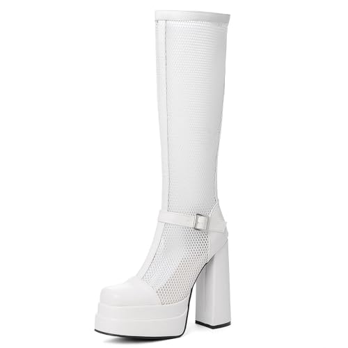 MJIASIAWA Damen Square Toe Sommer Mode Reitstiefel Plateau Halbschaft Elegant Party Blockabsatz Knee High Booty Zip Weiß Gr 37 EU/38 Asiatisch von MJIASIAWA