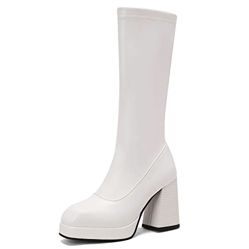 MJIASIAWA Damen Square Toe Stylish Knee Stretch Stiefel Chunky Blockabsatz Winter Plateau Reitstiefel Weit Fit Weiß Gr 43 EU/45 Asiatisch von MJIASIAWA