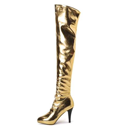 MJIASIAWA Damen Stiletto Hochzeit Pointed Toe Plateau Overknees Stiefel Bride Winter Elegant Fell Lined Mode Thigh Party Prom Stretch Stiefeletten Gold Gr 38 EU/39 Asiatisch von MJIASIAWA