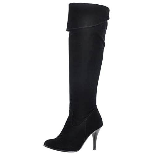 MJIASIAWA Damen Stiletto Kleid Oberschenkel Stretch Stiefel Vintage Höhe Ferse Pointed Toe Warm Overknees Stiefel Side Reißverschluss Schwarz-S Gr 52 EU/54 Asiatisch von MJIASIAWA