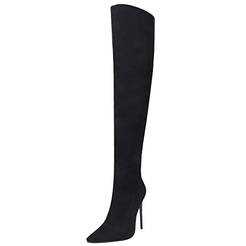 MJIASIAWA Damen Stiletto Kleid Pointed Toe Reißverschluss Oberschenkelhohe Stiefel Prom Overknees Winter Warm Mode Boots Abend Schwarz/Ms Gr 45 EU/47 Asiatisch von MJIASIAWA