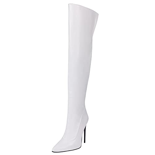 MJIASIAWA Damen Stiletto Kleid Pointed Toe Reißverschluss Oberschenkelhohe Stiefel Prom Overknees Winter Warm Mode Boots Abend Weiß Gr 45 EU/47 Asiatisch von MJIASIAWA