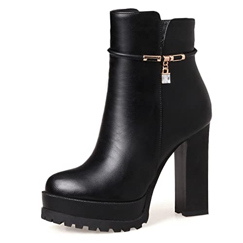 MJIASIAWA Damen Stiletto Plateau Elegant Stiefeletten Chunky Runde Zehen Winter Abend Warm Formal Arbeit Hohen Blockabsatz Schwarz/Chunky Gr 37 EU/38 Asiatisch von MJIASIAWA