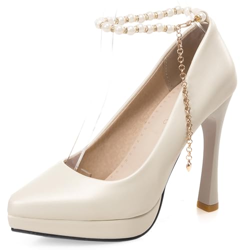 MJIASIAWA Damen Stiletto Pointed Toe Hochzeit Höhe Ferse Schuhe Beaded Knöchelriemchen Plateau Bride Elegant Pumps Beige Gr 37 EU/38 Asiatisch von MJIASIAWA
