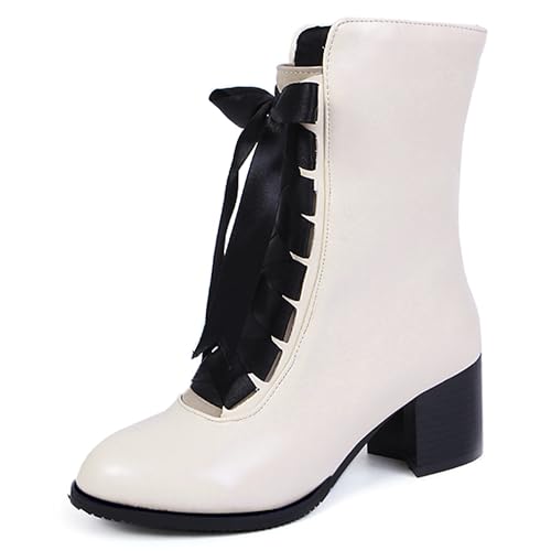 MJIASIAWA Damen Strappy Runde Zehen Winter Stiefeletten Zip Mode Military Warm Blockabsatz Schnüren Stiefeletten Chukka Beige Gr 43 EU/45 Asiatisch von MJIASIAWA