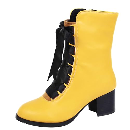 MJIASIAWA Damen Strappy Runde Zehen Winter Stiefeletten Zip Mode Military Warm Blockabsatz Schnüren Stiefeletten Chukka Gelb Gr 40 EU/41 Asiatisch von MJIASIAWA