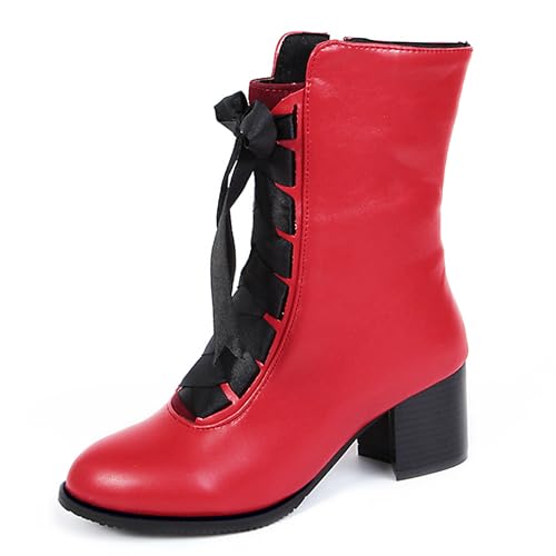 MJIASIAWA Damen Strappy Runde Zehen Winter Stiefeletten Zip Mode Military Warm Blockabsatz Schnüren Stiefeletten Chukka Rot Gr 46 EU/48 Asiatisch von MJIASIAWA