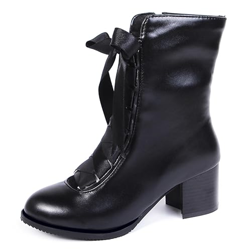 MJIASIAWA Damen Strappy Runde Zehen Winter Stiefeletten Zip Mode Military Warm Blockabsatz Schnüren Stiefeletten Chukka Schwarz Gr 36.5 EU/37 Asiatisch von MJIASIAWA