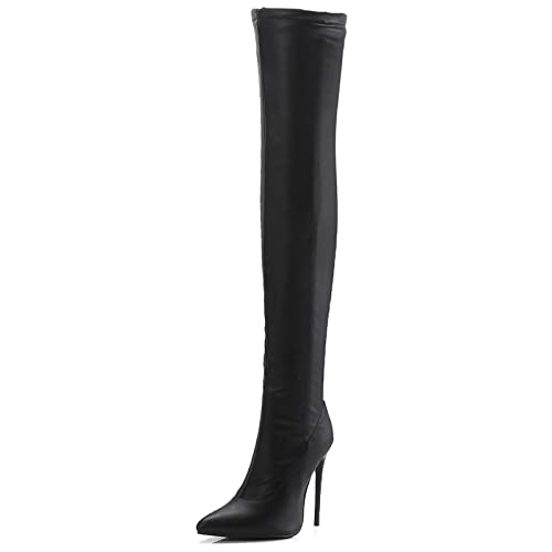 MJIASIAWA Damen Stretch Overknees Boots Pointed Toe Reißverschluss Winter Warm Stiletto Höhe Ferse Prom Mode Oberschenkelhohe Stiefel Schwarz-Pu Gr 40 EU/41 Asiatisch von MJIASIAWA