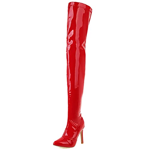MJIASIAWA Damen Thigh Party Stiletto Pointed Toe Boots Reißverschluss Höhe Ferse Overknees Winter Party Warm Kleid Lack Boots Rot Gr 38 EU/39 Asiatisch von MJIASIAWA