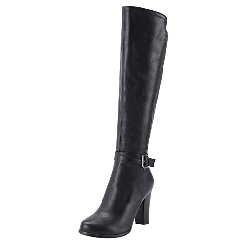 MJIASIAWA Damen Vintage Blockabsatz Knee Reitstiefel Runde Zehen Mode Warm Reitstiefel Wiht Schnalle Schwarz Gr 41 EU/43 Asiatisch von MJIASIAWA