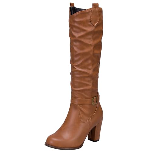 MJIASIAWA Damen Vintage Knee High Blockabsatz Slouch Reitstiefel Ohne Verschluss Winter Klassische Runde Zehen Warm Booty Mode Gelb Gr 35 EU von MJIASIAWA