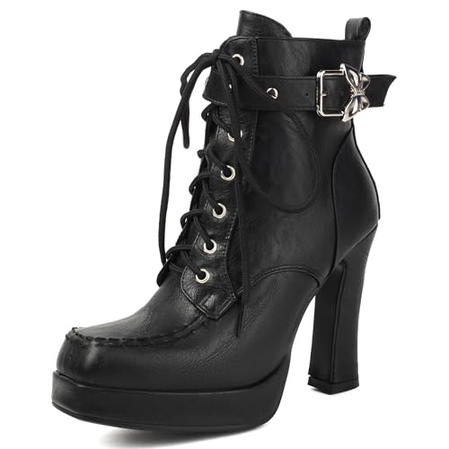 MJIASIAWA Damen Vintage Square Toe Schnüren Plateau Motorradstiefel Mode Hohen Blockabsatz Military Winter Ankle Stiefeletten Schnalle Schwarz Gr 34 EU von MJIASIAWA
