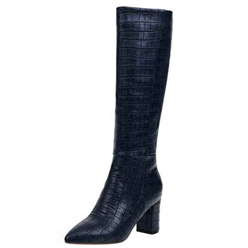 MJIASIAWA Damen Warm Knee Cowboy Ohne Verschluss Reitstiefel Abend Mode Blockabsatz Pointed Toe Kleid Slouch Stiefel Blau Gr 39 EU/40 Asiatisch von MJIASIAWA
