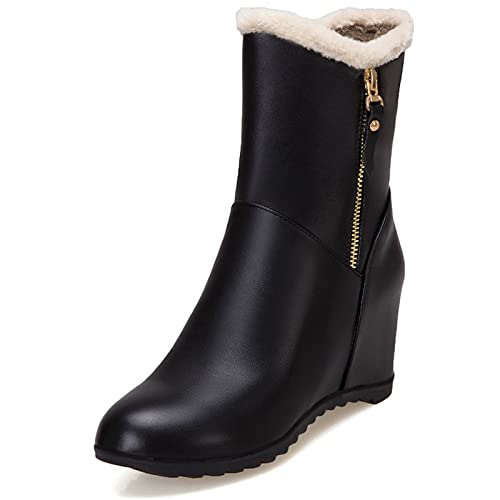 MJIASIAWA Damen Warm Pelz Gefüttert Keilabsatz Halbschaft Schneestiefel Hochzeit Interne Erhohen Runde Zehen Reißverschluss Slouch Chelsea Stiefeletten Schwarz/Ml Gr 34 Eu von MJIASIAWA