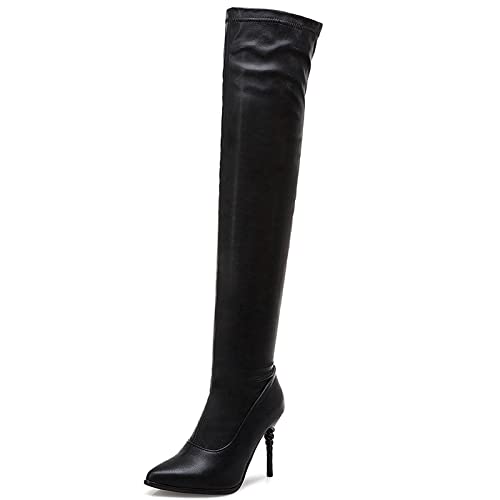 MJIASIAWA Damen Winter Abend Warm Thigh Stiletto Stretch Stiefel Ohne Verschluss Party Prom Overknees Mode Bridal Boots Schwarz Gr 48 EU/50 Asiatisch von MJIASIAWA