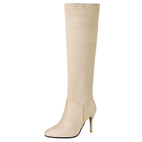 MJIASIAWA Damen Winter Blockabsatz Reißverschluss Klassischer Equestrian Kniestiefel Mode Riding Leisure Retro Warm Boots Schnalle Beige/Mianli Gr 42 EU/44 Asiatisch von MJIASIAWA